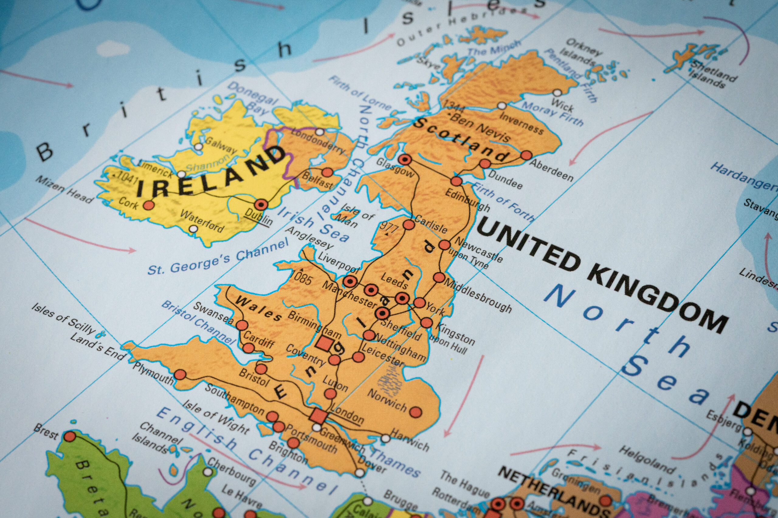 Close-up map of the United Kingdom and Ireland, representing the destination for Global Talent Visa applicants in 2025.